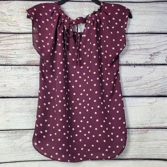 Lauren Conrad Women’s Polka Dot Ruffle Tie Back Top Size Small Plum Pink Cap Sle - Picture 3 of 7